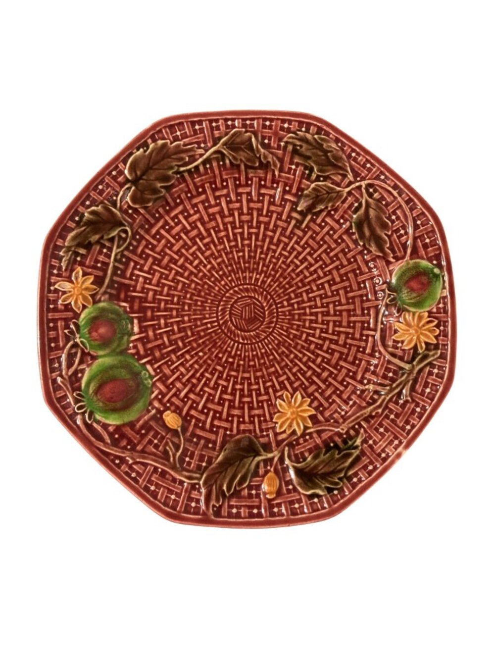 Vintage Majolica Basket Weave Burgundy Pinkish Red Plate With Fruit And Leaves